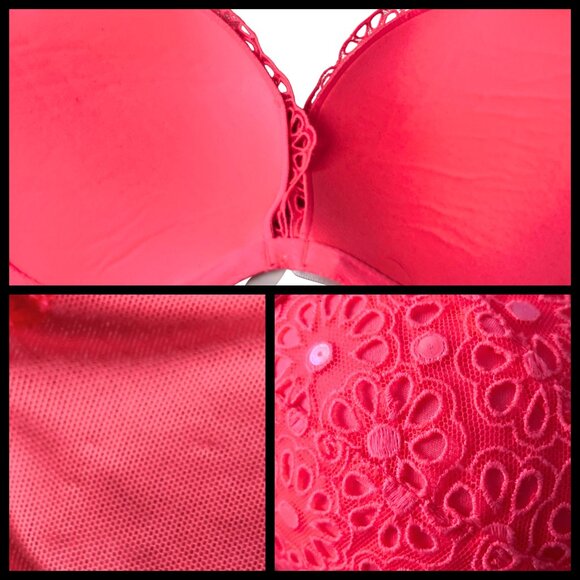 Victoria’s Secret Coral Floral Embroidered Sequin Push Up Bra 32D Bows Neon Pink - Picture 7 of 7